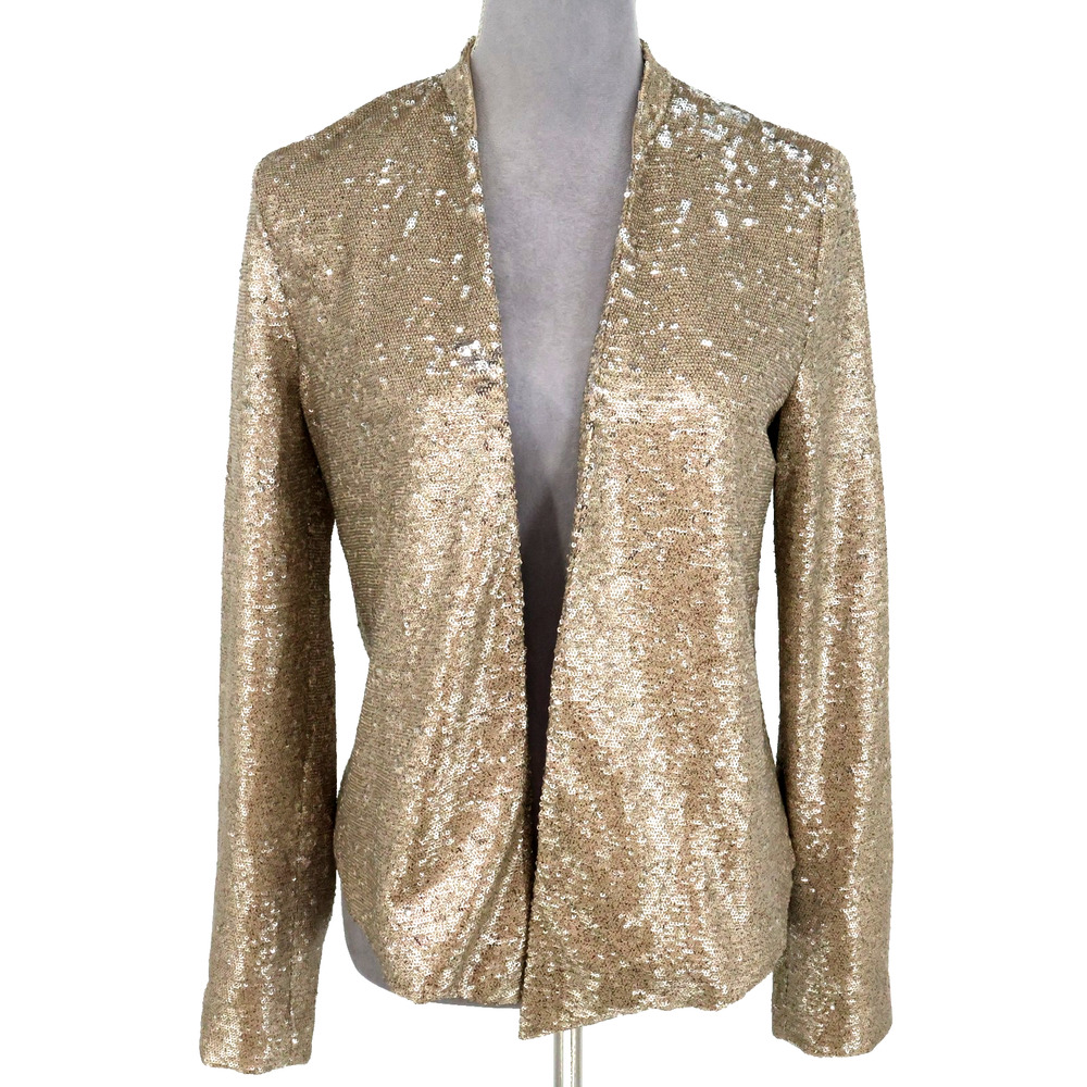 Sam Edelman Jacket Womens Small Gold Sequins Open Front Lined Party Formal